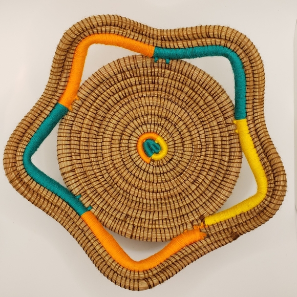 Handcrafted Woven Pine Needle Openwork Basket Orange Yellow Aqua - Picture 1 of 7